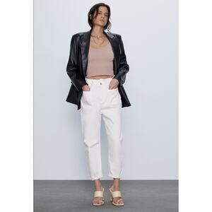ZARA Off White High Rise Paperbag Elastic Waist Baggy Jeans w/ Pockets Sz 4